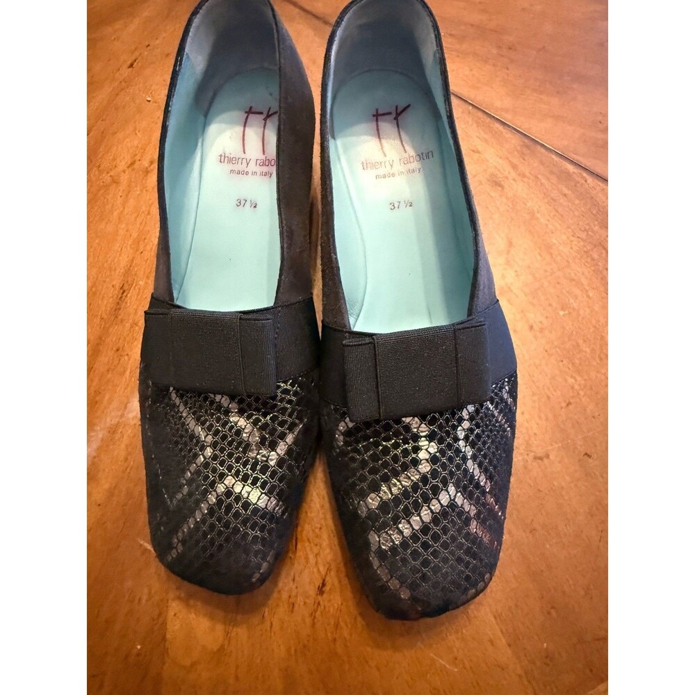 THIERRY RABOTIN Black Silver Snake Bow Wedge Heel Women’s Size 37.5 Size 7